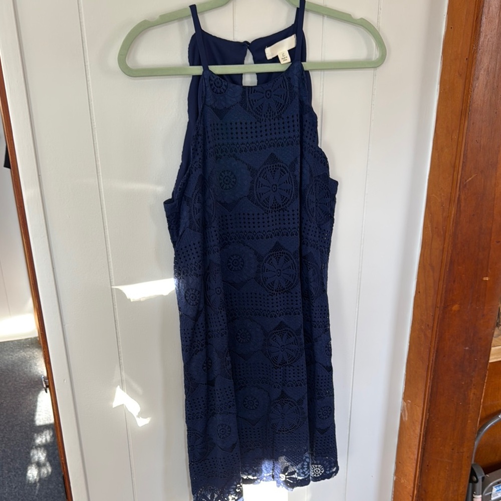 Navy Blue Lace Halter Dress